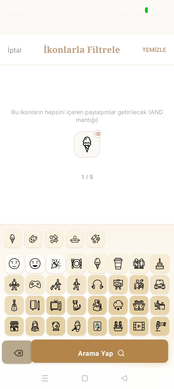 İkonlarla Filtrele — en fazla 5 ikon, hepsini birden içeren paylaşımlar (AND mantığı)