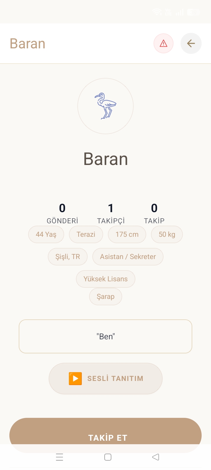Bir adayın profili — Kuşçu, 44 yaş, Terazi, Avukat, sesli tanıtım
