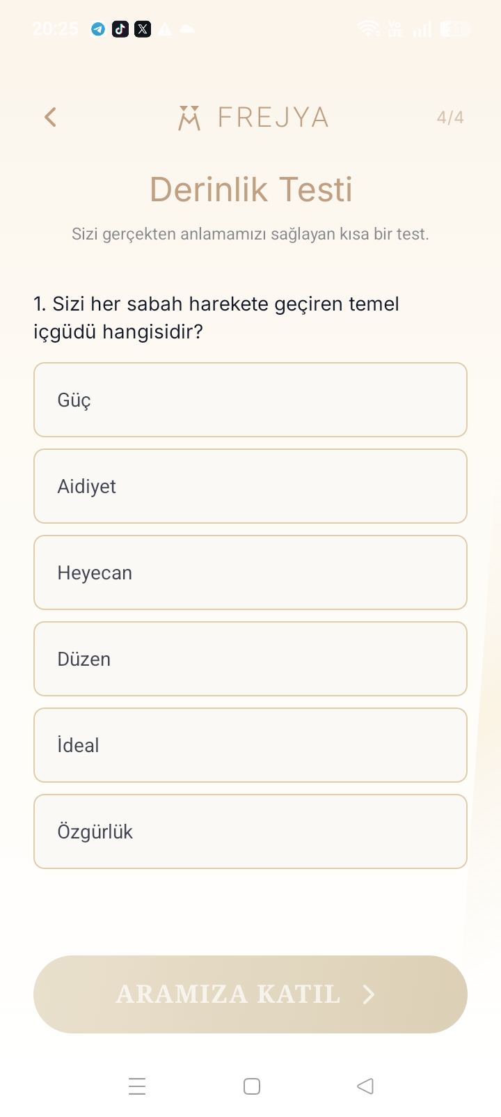 Derinlik testi — kayıt sırasındaki psikolojik soru ekranı