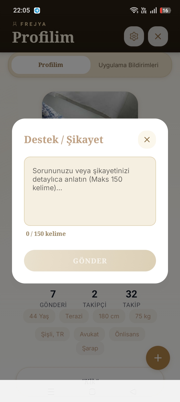 Destek / Şikayet İlet — en fazla 150 kelimelik sorun bildirimi formu