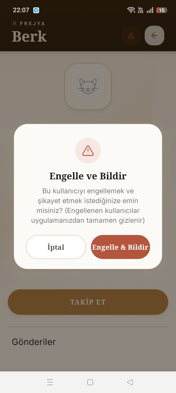 Engelle ve Bildir — engellenen kullanıcı uygulamandan tamamen gizlenir