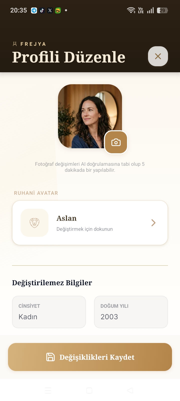 Profili Düzenle — profil fotoğrafı, ruhani avatar ve değiştirilemez bilgiler