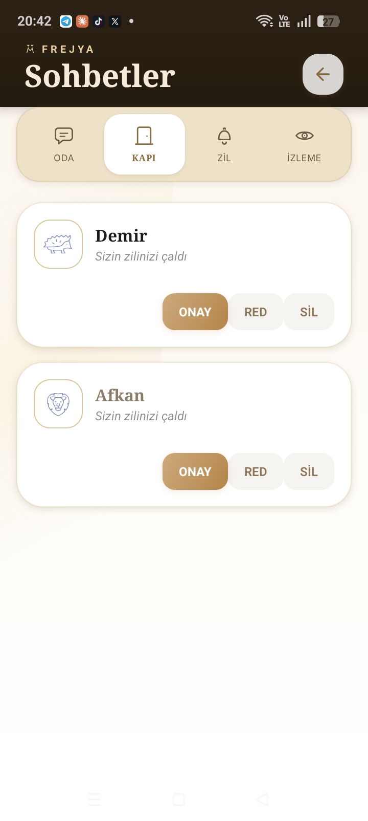 Sohbetler Kapı sekmesi — gelen zil Onay / Red / Sil