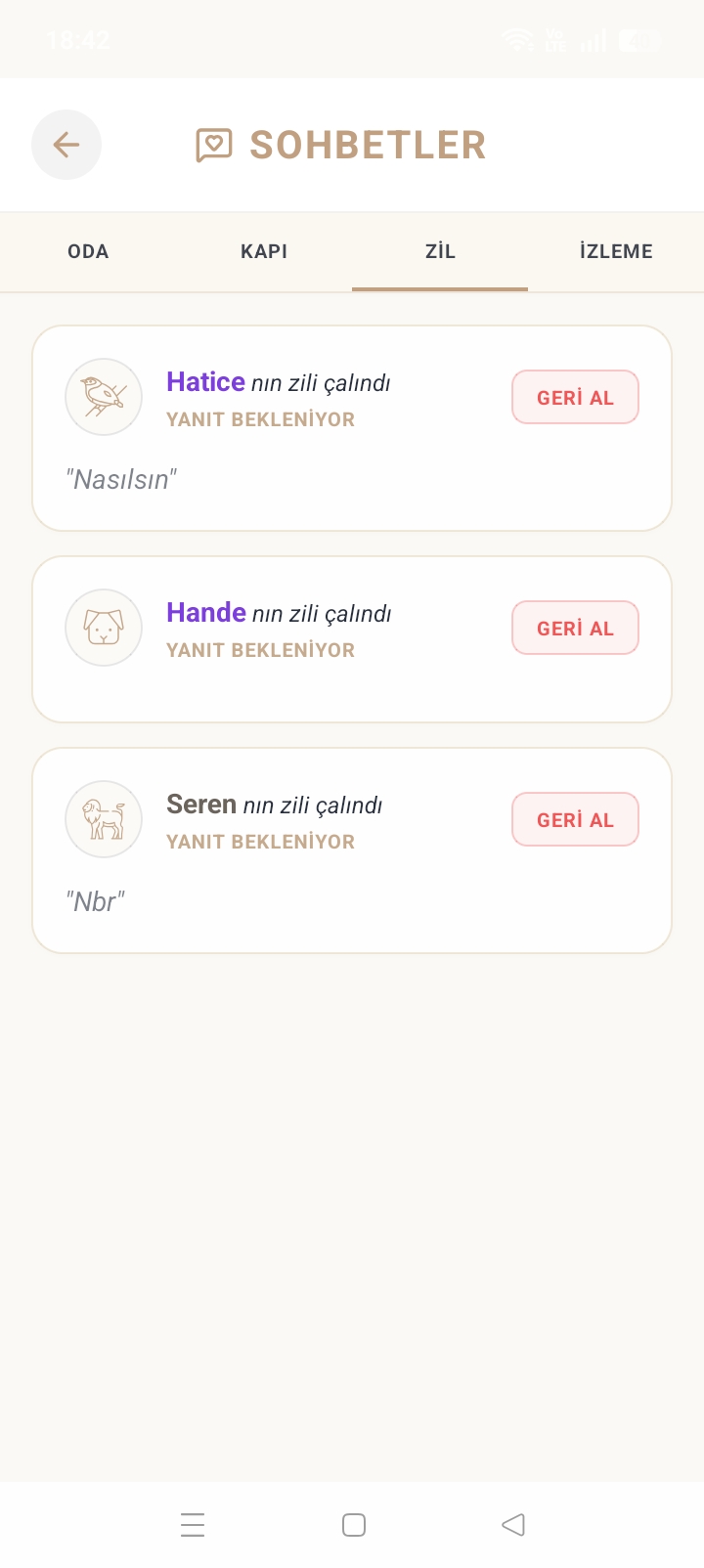 Sohbetler Kapı sekmesi — gelen zil Onay / Red / Sil