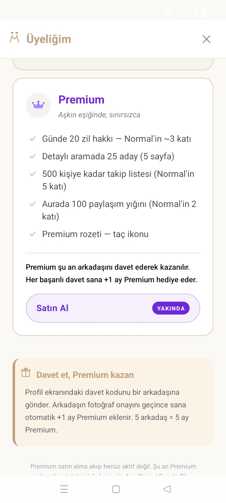 Profil ekranı — altın 'Üyeliğim' kartı (Premium aktif)