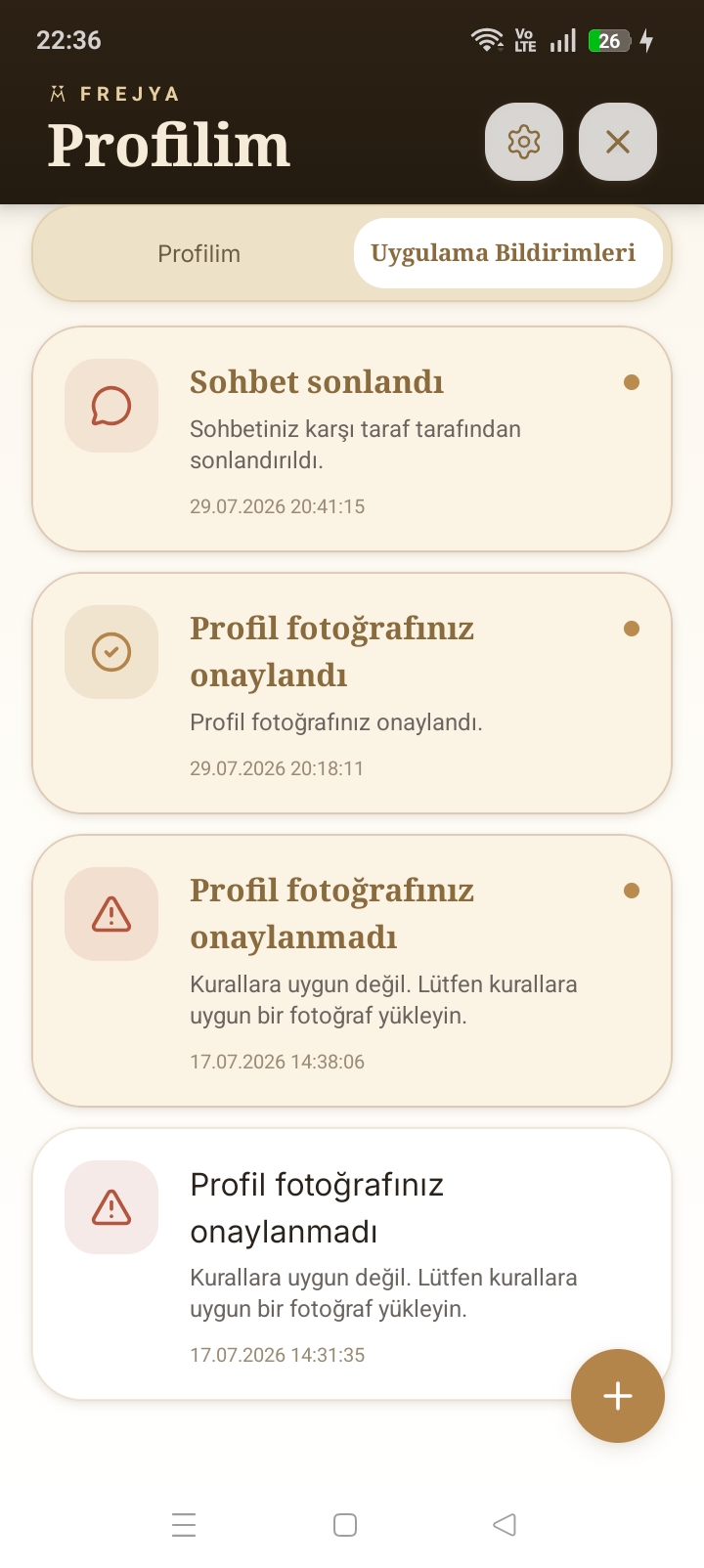 Profilim — Uygulama Bildirimleri sekmesi: sohbet sonlandı, fotoğraf onay/red kayıtları